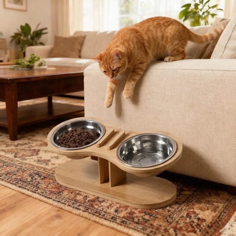 Bamboo Cat Bowls with 2 Adjustable Heights for Growing Kittens