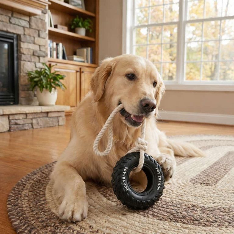 Tire Tug Toy with Treat Dispenser, Rope Handle