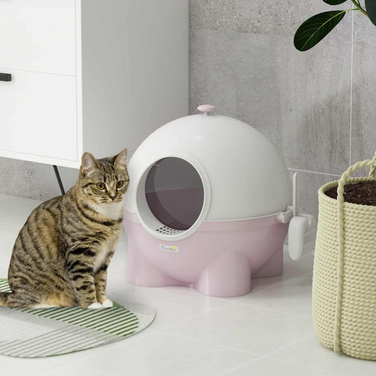 Pink Cat Litter Box, Hooded, Sand Drop Pedal