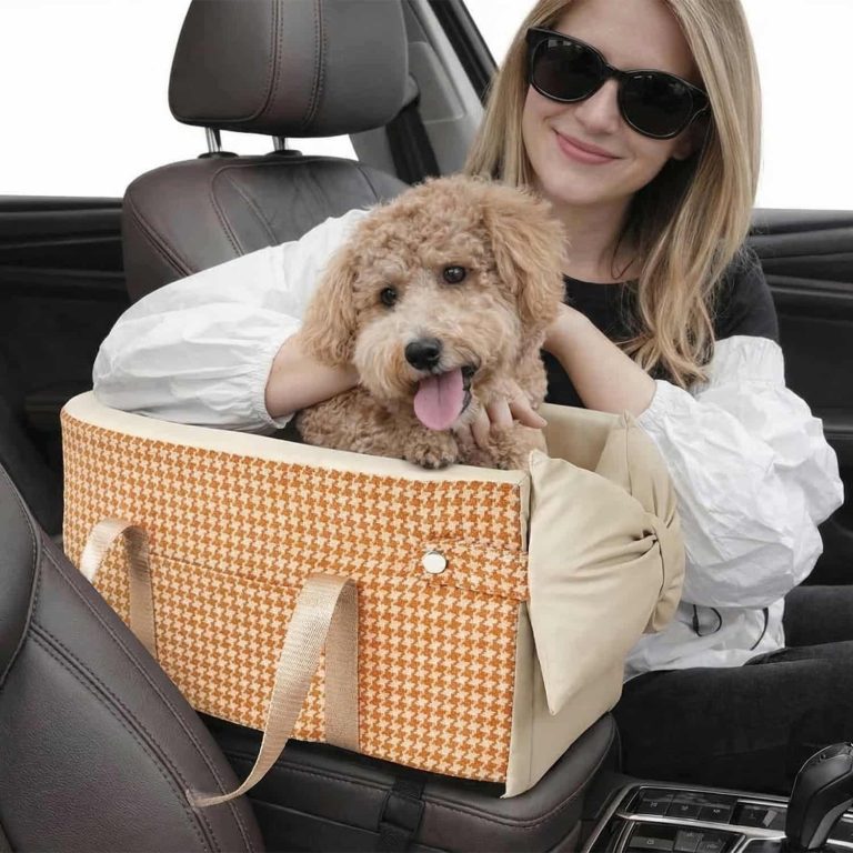 Car Armrest Pet Booster Seat, Center Console Mount, Houndstooth Pattern