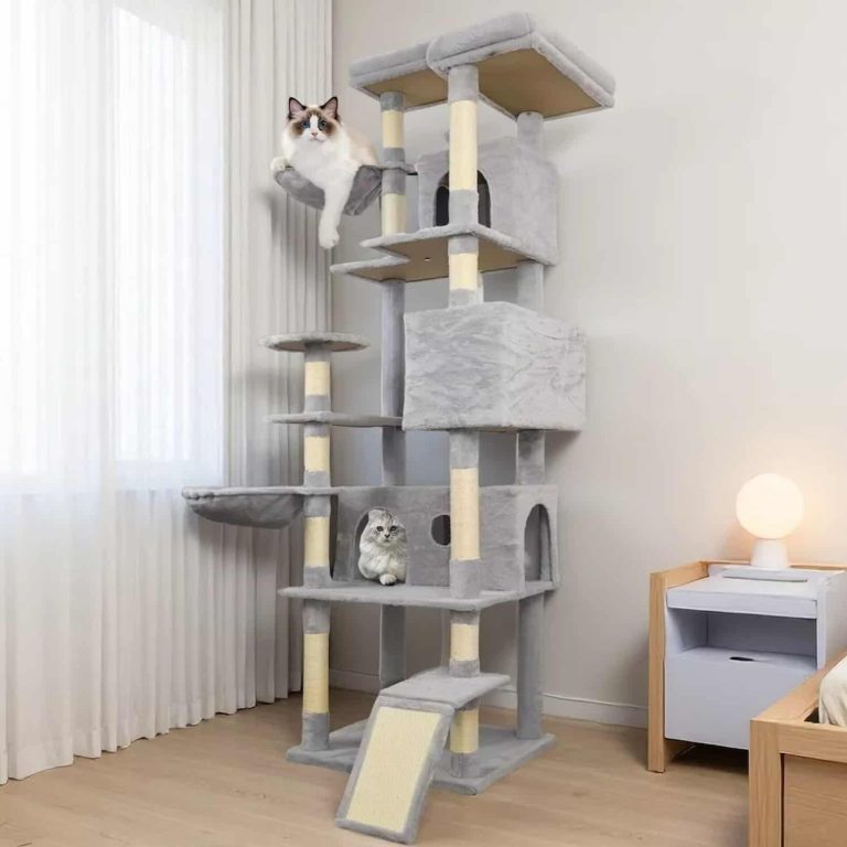 Tall Cat Tree with 3 Condos, Ramp Entry