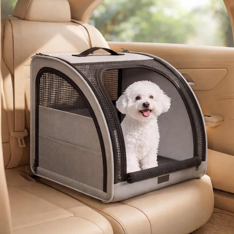 Foldable Pet Car Crate with 360 Degree Mesh Walls, Three-Sided Zipper Entry