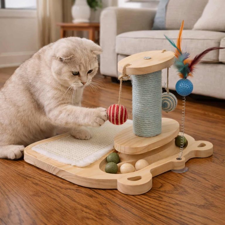 Wooden Cat Scratcher with a Roller Track, Sisal Post, and Catnip Balls in One Base