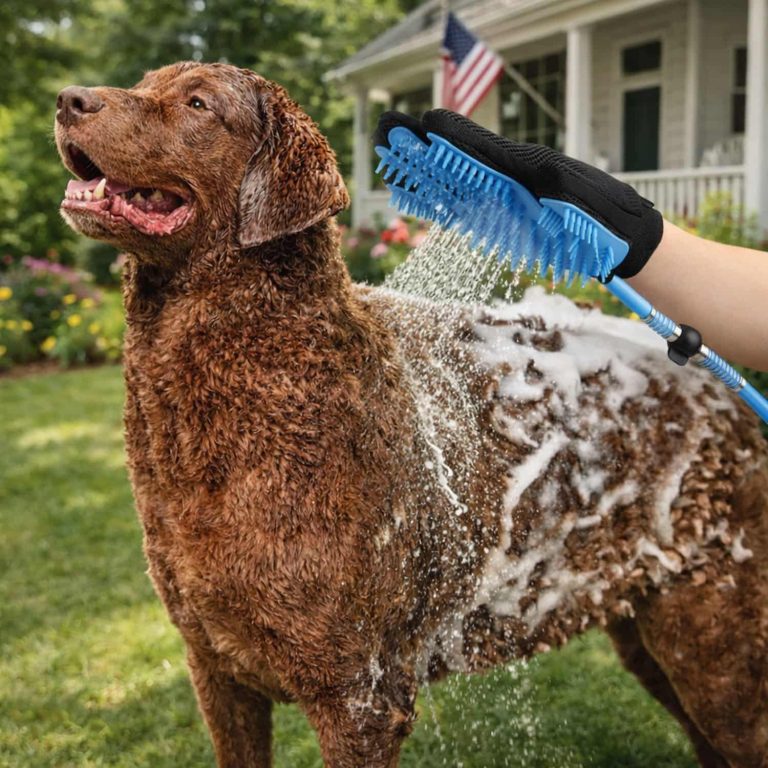 Pet Shower Glove Sprayer with Silicone Massage Bristles, 7.5-Foot Hose, and Two Faucet Adapters