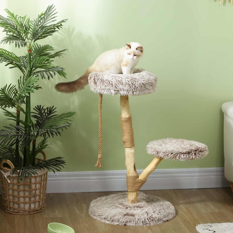Pear Wood Cat Tree with Jute Post, Two Plush Perch Beds, and Rope Toy
