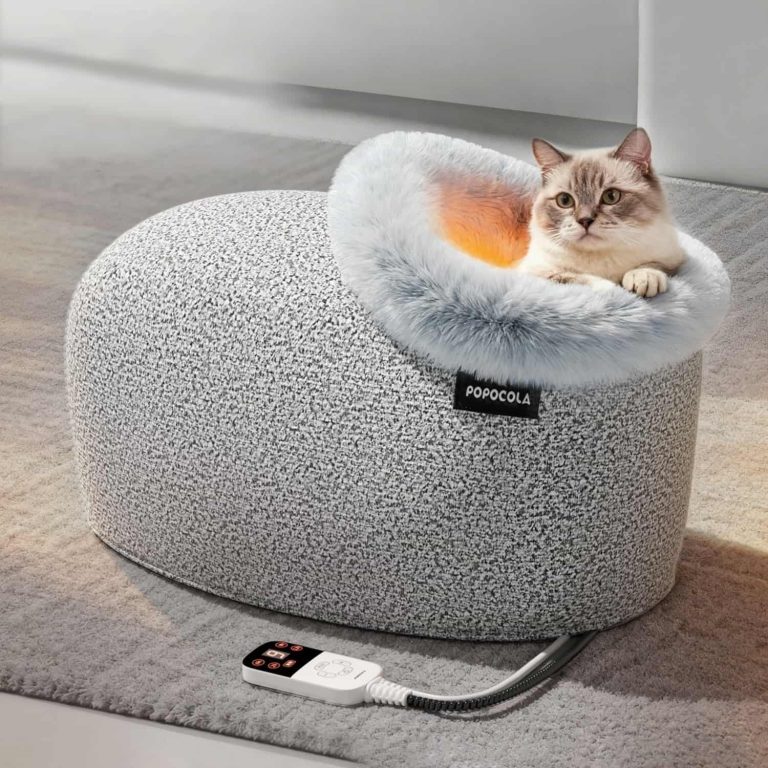 Electric Heated Enclosed Cat Bed with Boucle Shell, Faux Fur Collar Rim, 9-Level Temp Control and Timer