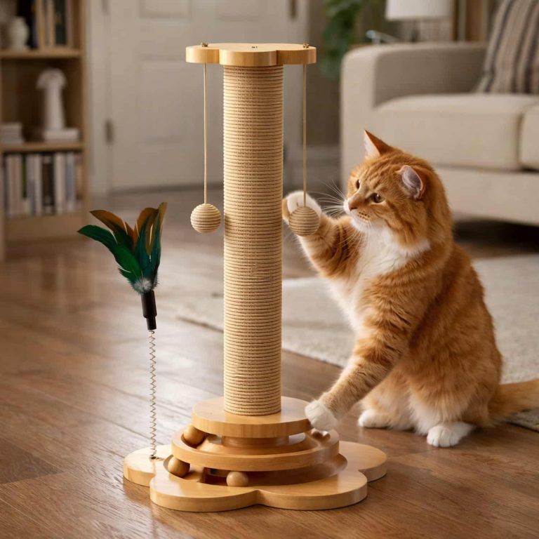 5-in-1 Wooden Cat Scratching Post with Hanging Balls, Spring Feather, and Roller Base