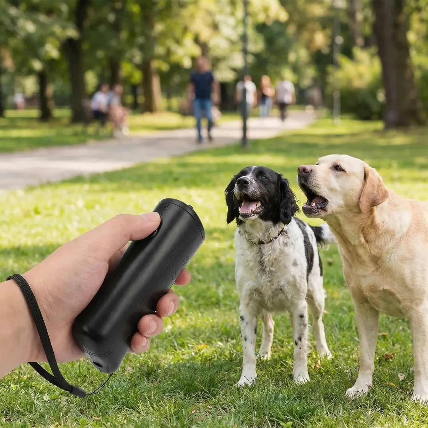 Black handheld ultrasonic dog bark stopper with LED flashlight and wrist strap
