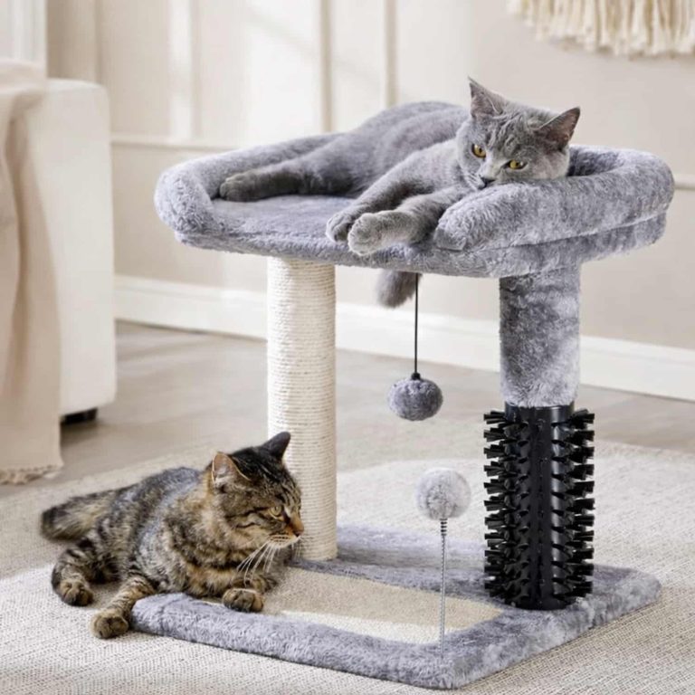 4-in-1 Cat Tree Tower with Self Groomer Brush, Natural Sisal Scratcher, Plush Perch Bed, Dangling Toy Balls
