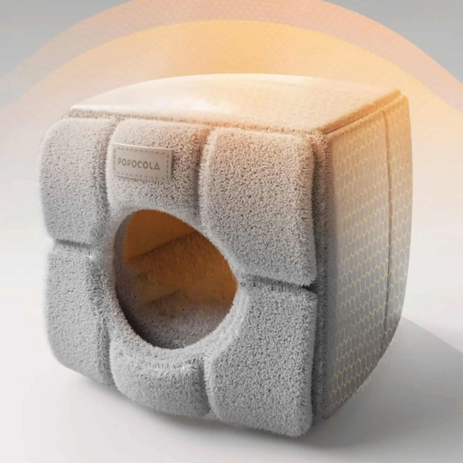 2-in-1 teddy velvet cat cube bed, 18x18x18 inch enclosed configuration with circular entry hole and thickened sponge walls, folds open to reveal open bolster sofa configuration for warmer months, non-deforming 2-inch sponge frame