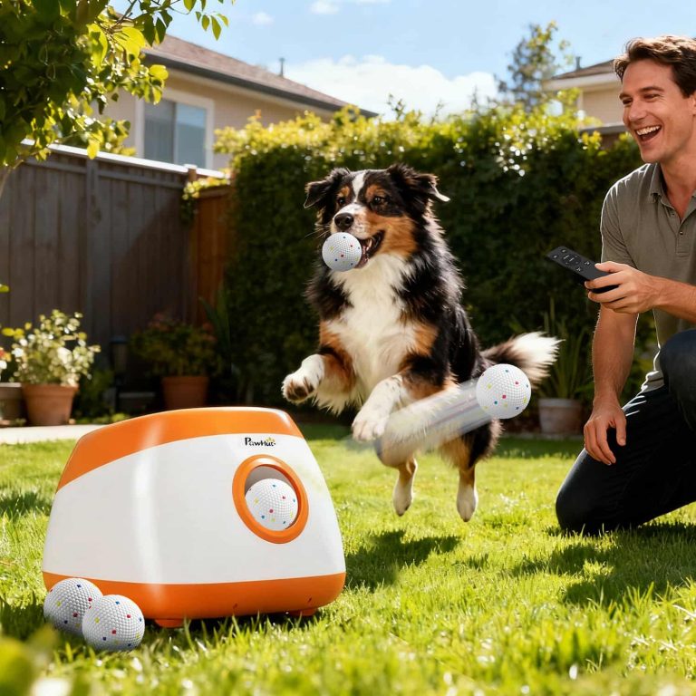 Automatic Dog Ball Launcher with 79-Foot Range, Ball-Detection Sensor, and 98-Foot Remote, 6 Balls Included