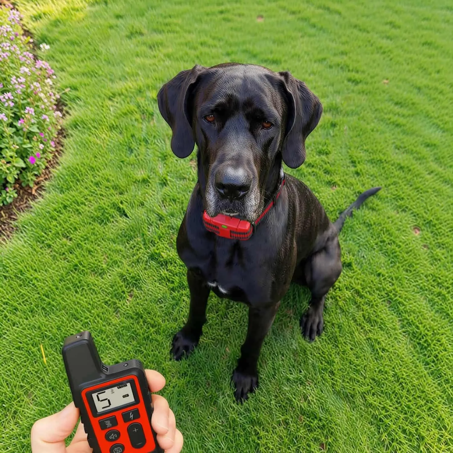 Red and black dog training collar with remote control showing three separate mode buttons