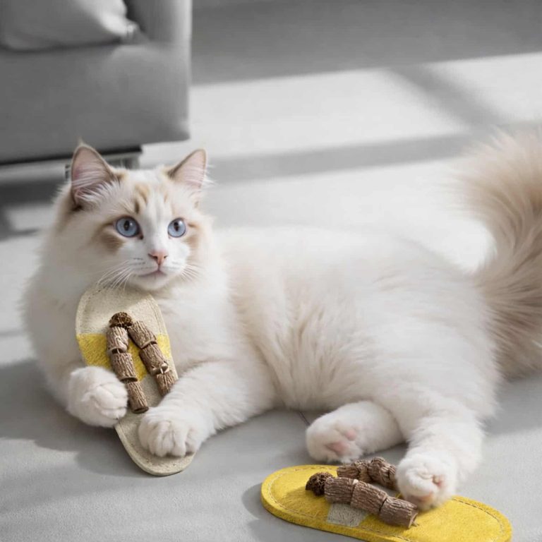 Natural Loofah Cat Chew Toy with Knotweed Wood Blocks and Slipper Shape for Dental Cleaning and Biting