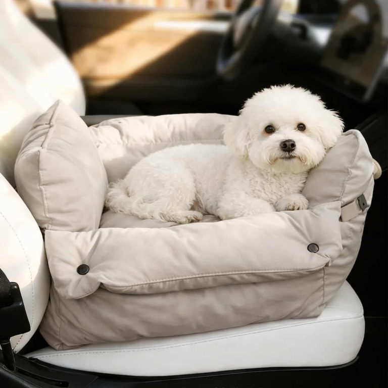 Pet Car Seat Bolster Bed with Waterproof Shell, Safety Buckle, Non-Slip Base, and Padded Carry Handle