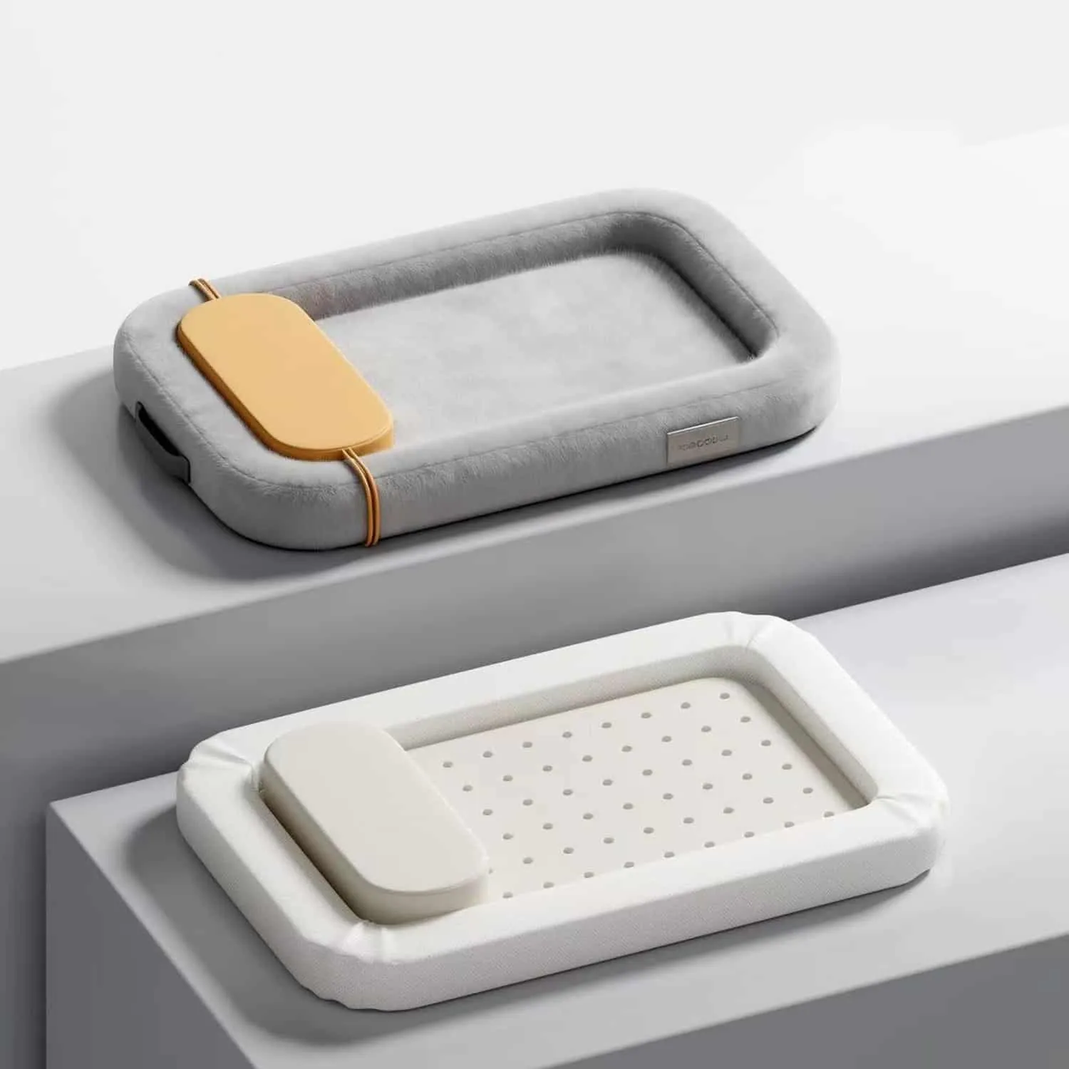 Fully detachable latex pet bed with raised cervical bolster, removable ice silk cooling mat insert, 0.8in natural latex base with microporous ventilation, scratch-resistant technology fabric outer, non-slip drip-plastic bottom, three sizes for cats and dogs