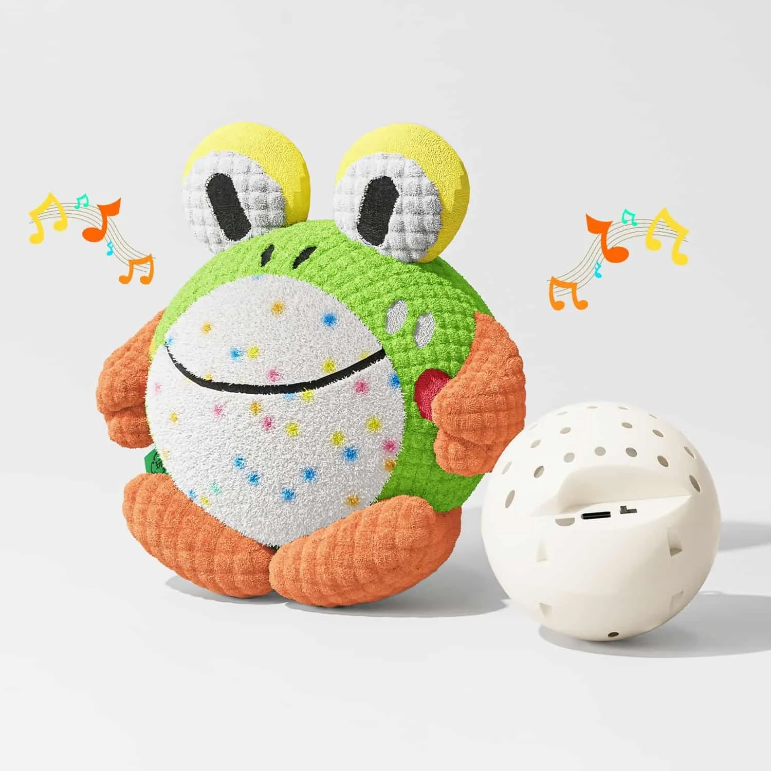 Green and orange plush frog shaped self moving dog toy ball with a Shiba Inu playing