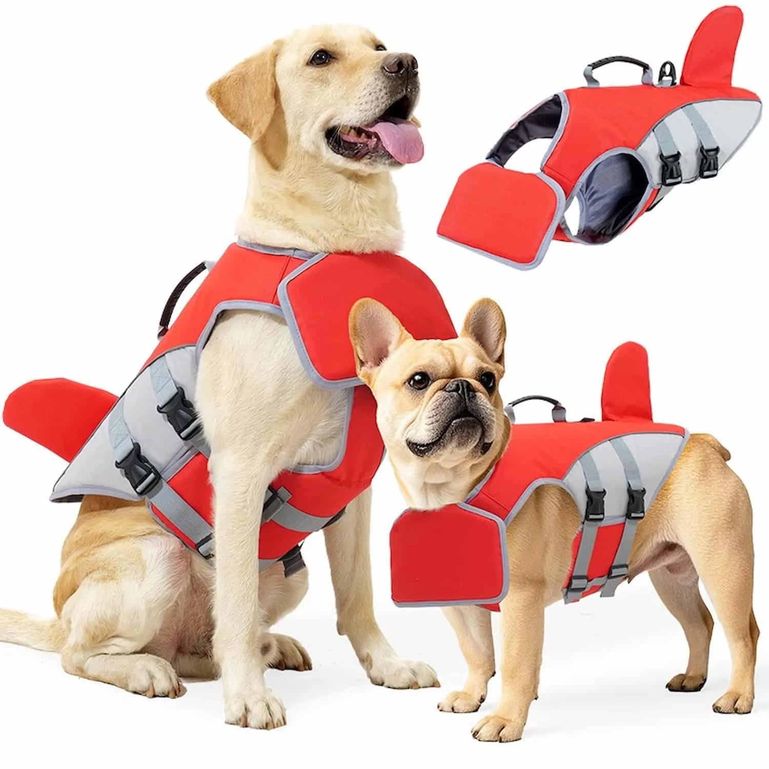 Red dog life jacket with shark fin design, chin pad, and grab handle on a Golden Retriever swimming in open water