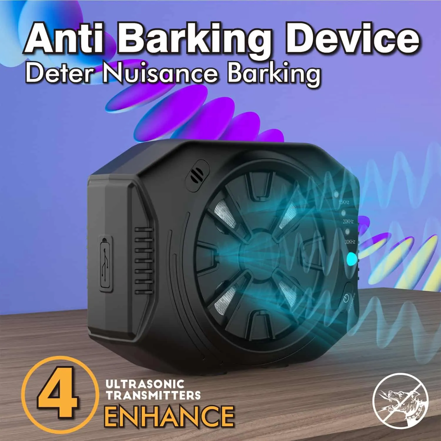 Black auto detect ultrasonic bark control device with 4 speakers and blue LED indicator