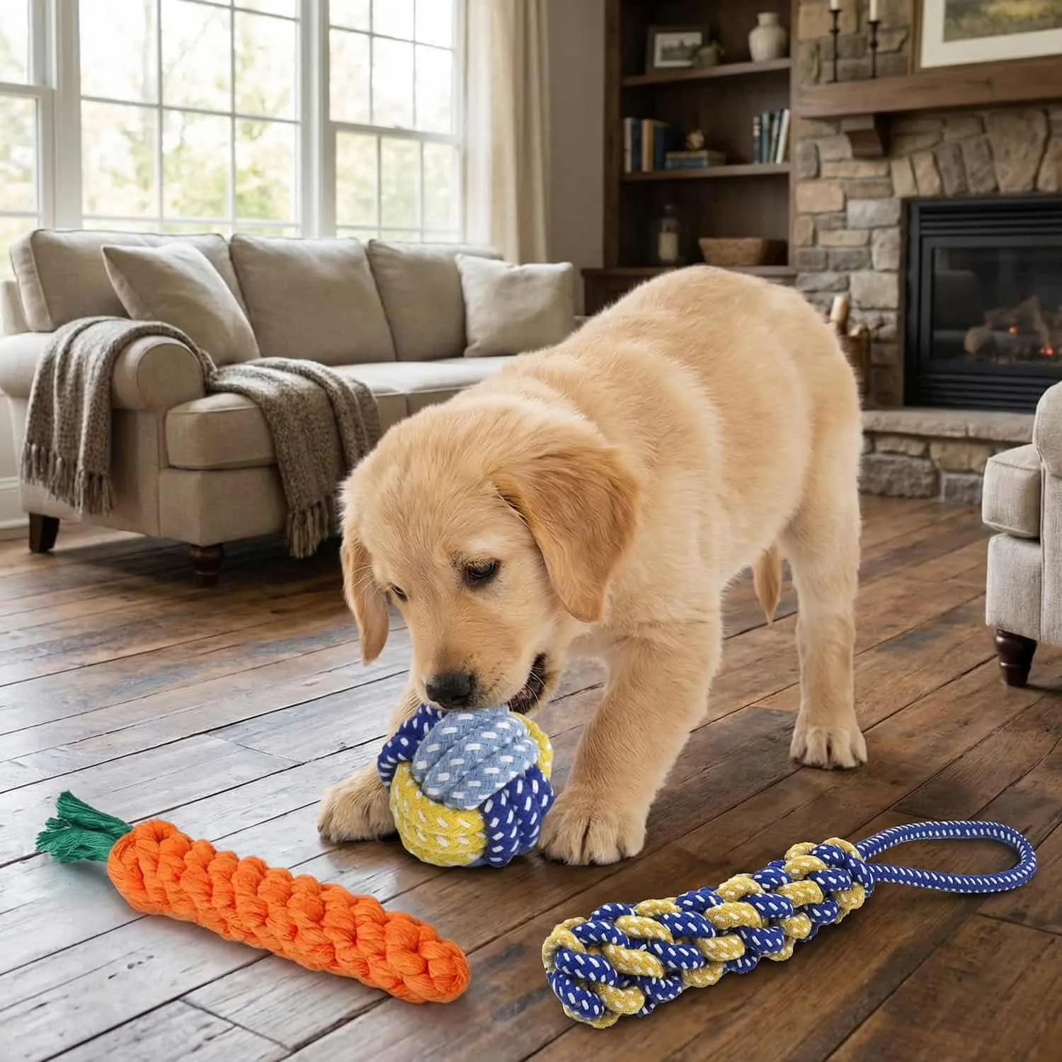 3 pack cotton rope dog toy set with orange carrot rope, blue and yellow braided rope with loop, and dumbbell knot toy