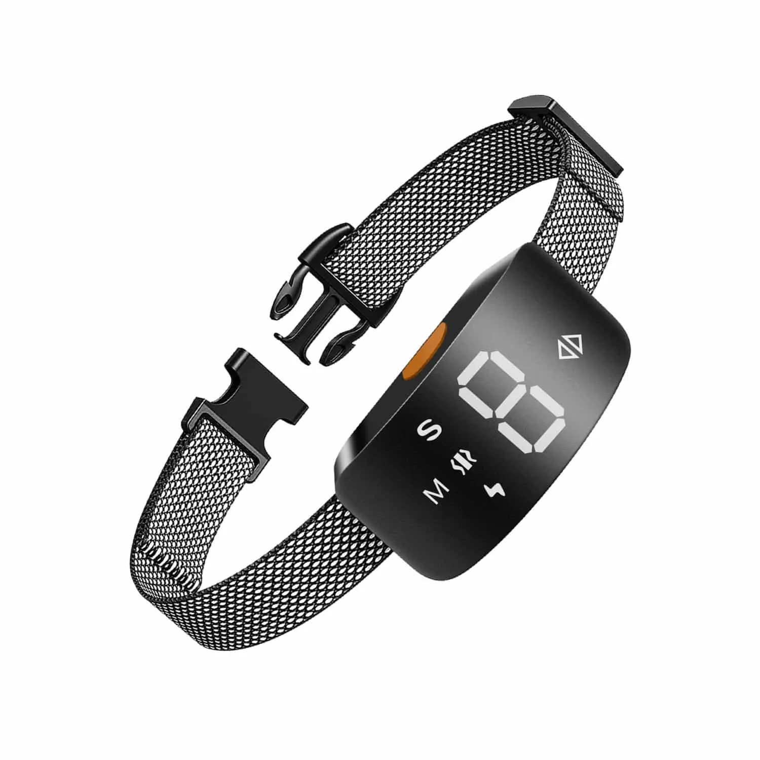Black anti bark training collar with LED display showing mode number and adjustable mesh strap