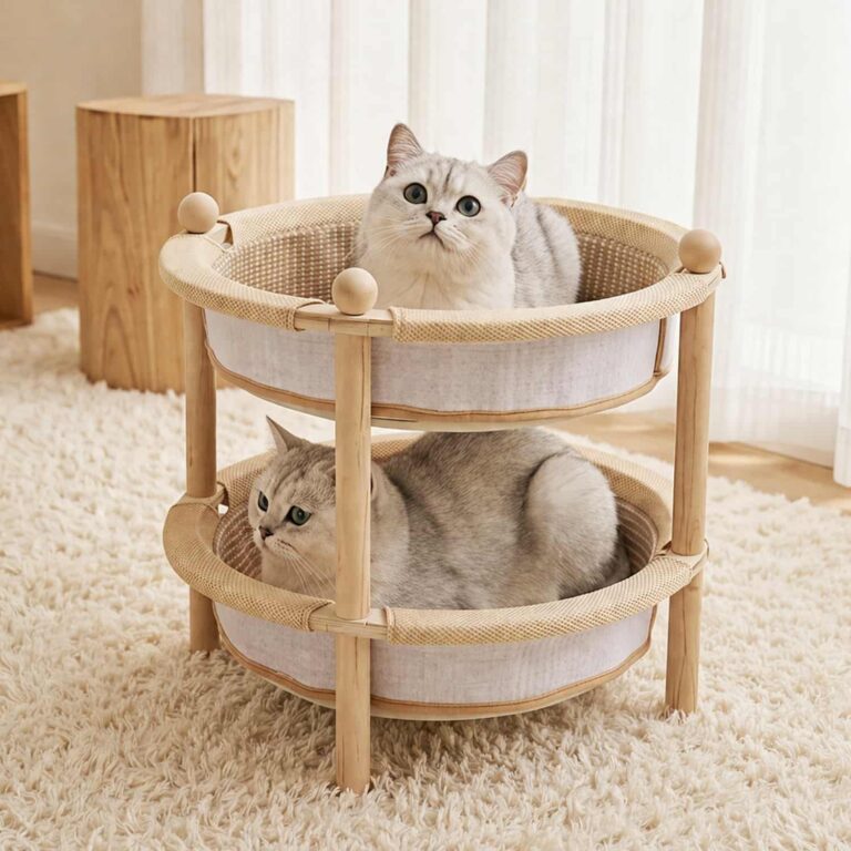 Double Decker Cat Bed with Solid Wood Frame, Hemp Mat Edges, Two Cats