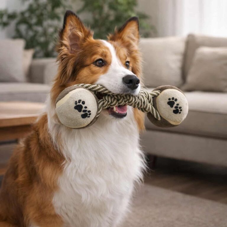 Dog Rope Dumbbell Toy with Tennis Balls, Tug Fetch and Teeth Cleaning in One