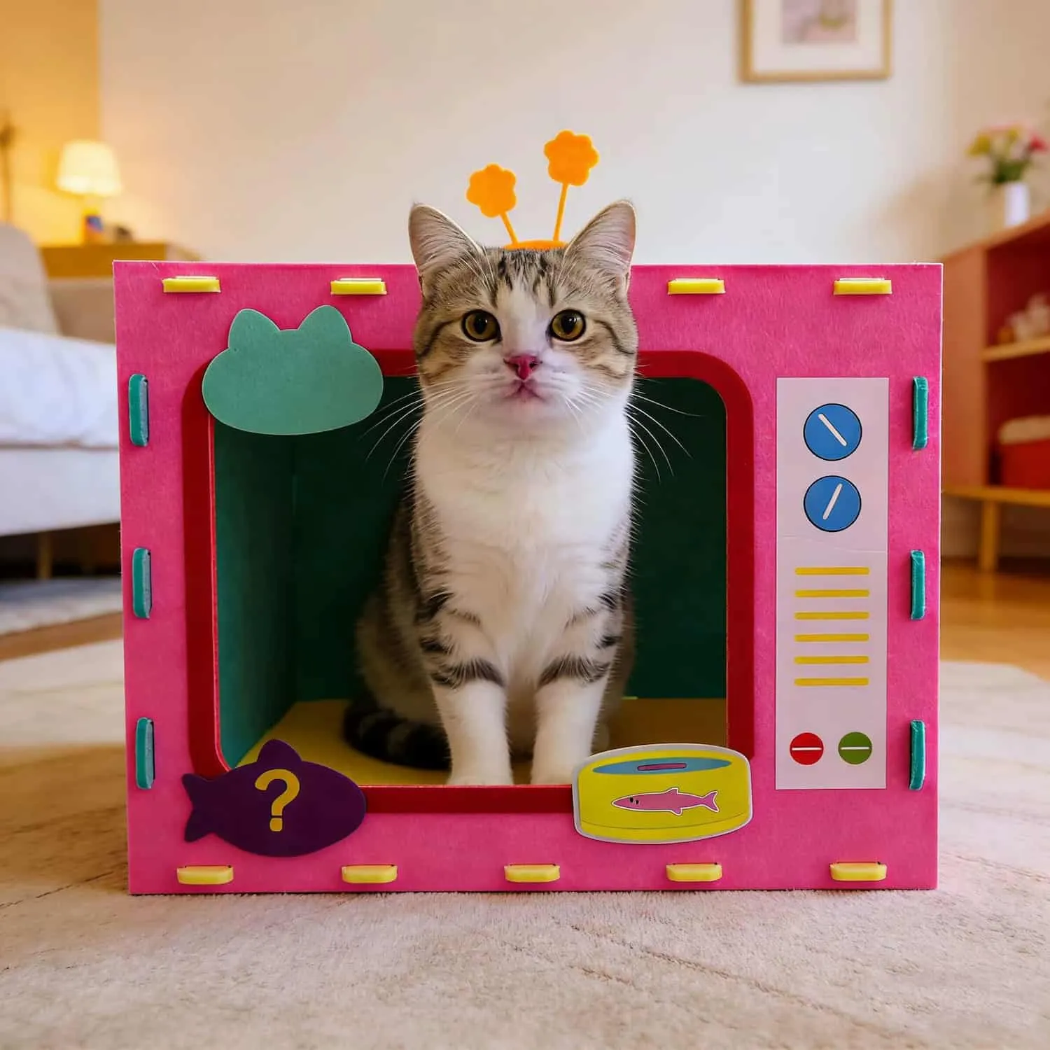 Pink retro TV shaped cat bed made of felt with a cat sitting inside the screen opening, decorated with antenna flowers and channel buttons