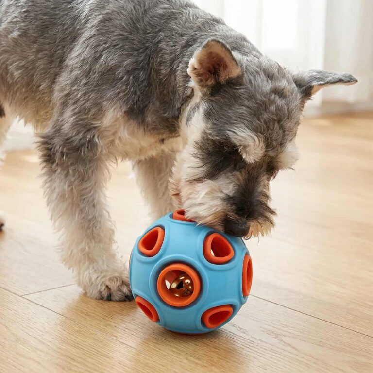 Dog Ball That Jingles and Lights Up When Rolled, Natural Rubber, Built In Bell and LED, Treat Dispensing Holes