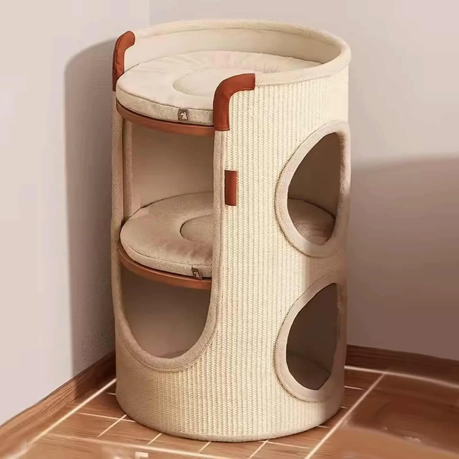 Two-story cat tree with enclosed sisal cave on bottom, open perch on top, wood frame, and removable cushions
