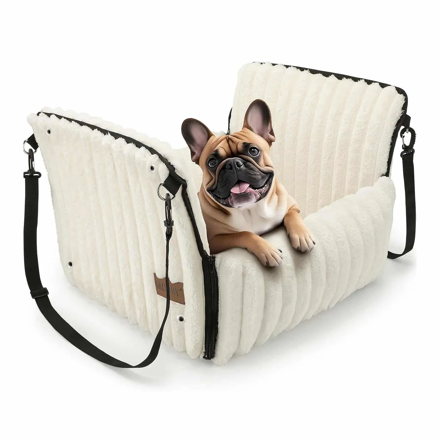 Beige dog car seat with memory foam base and raised walls shown on a car back seat with a French Bulldog