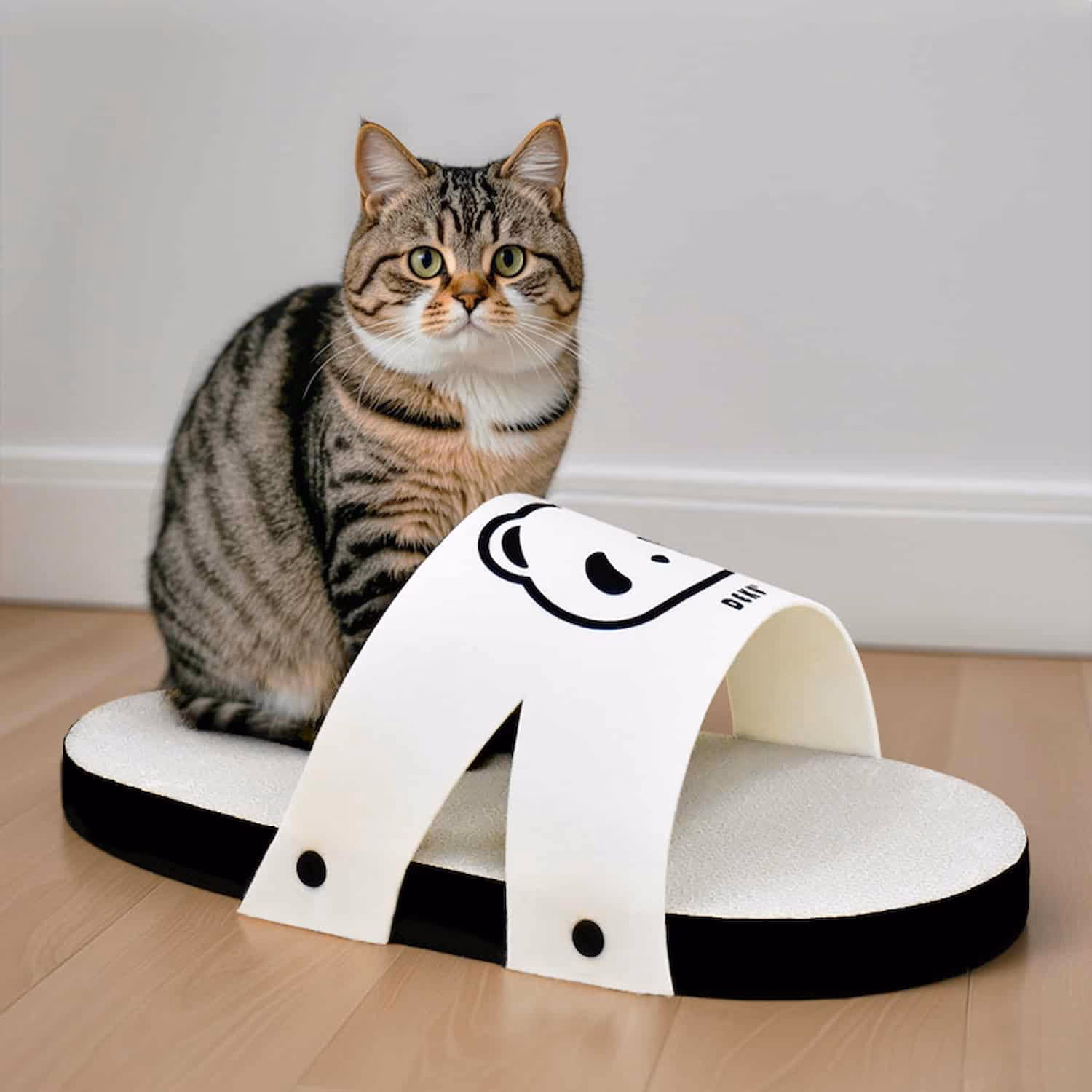 Slipper-shaped cat scratcher with tunnel opening, corrugated cardboard surface, and screw-reinforced construction
