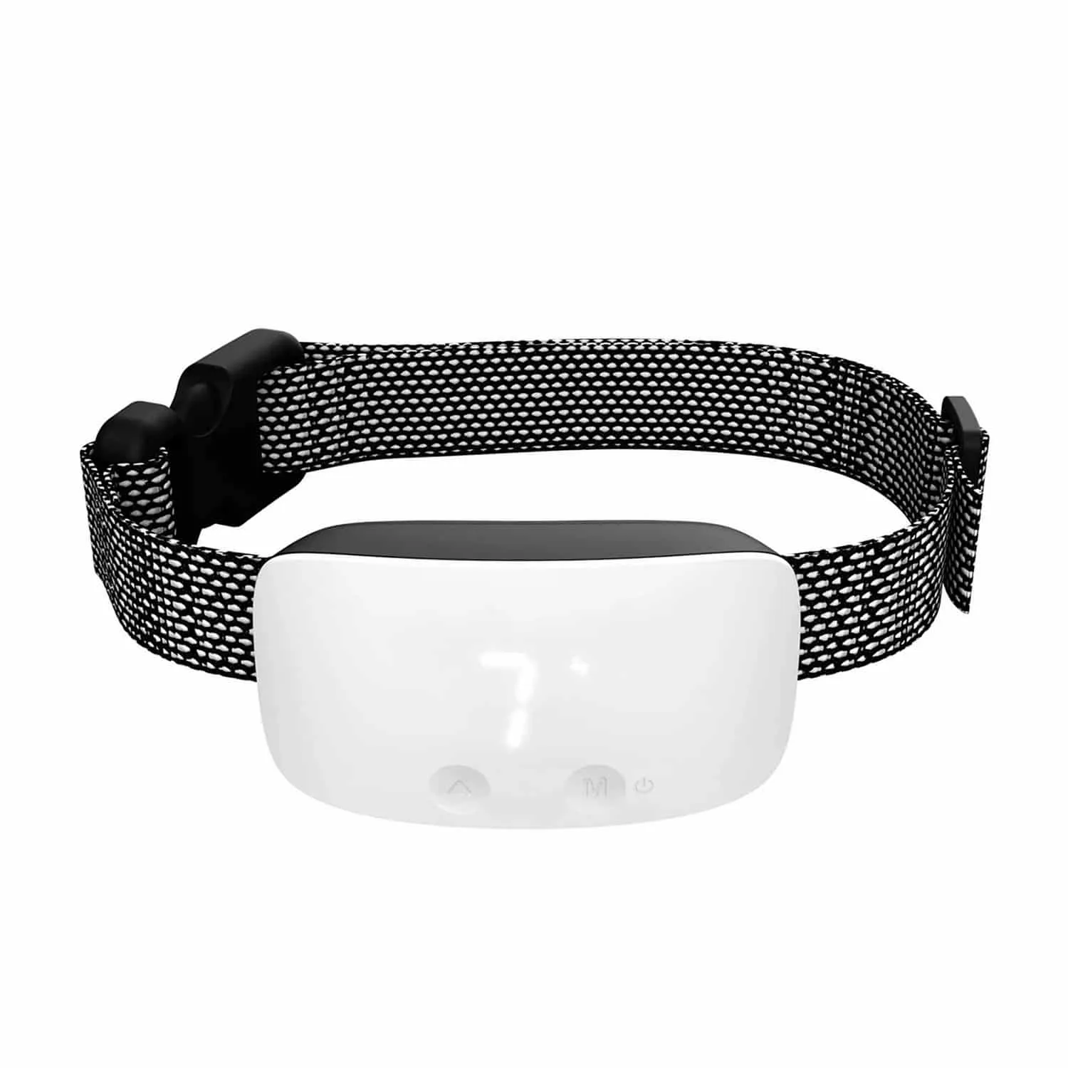 White anti bark collar with smart sensor, touch button, and adjustable nylon strap
