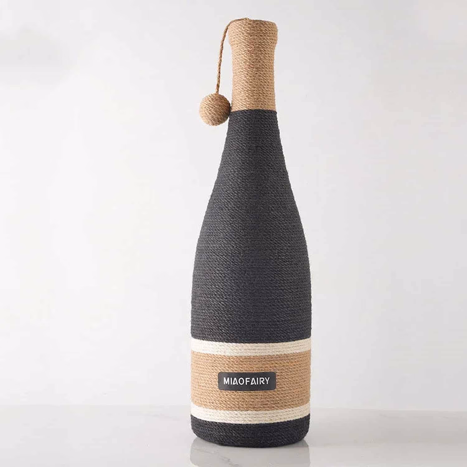 Wine bottle shaped cat scratching post wrapped in hemp rope with suction cup base and dangling ball toy