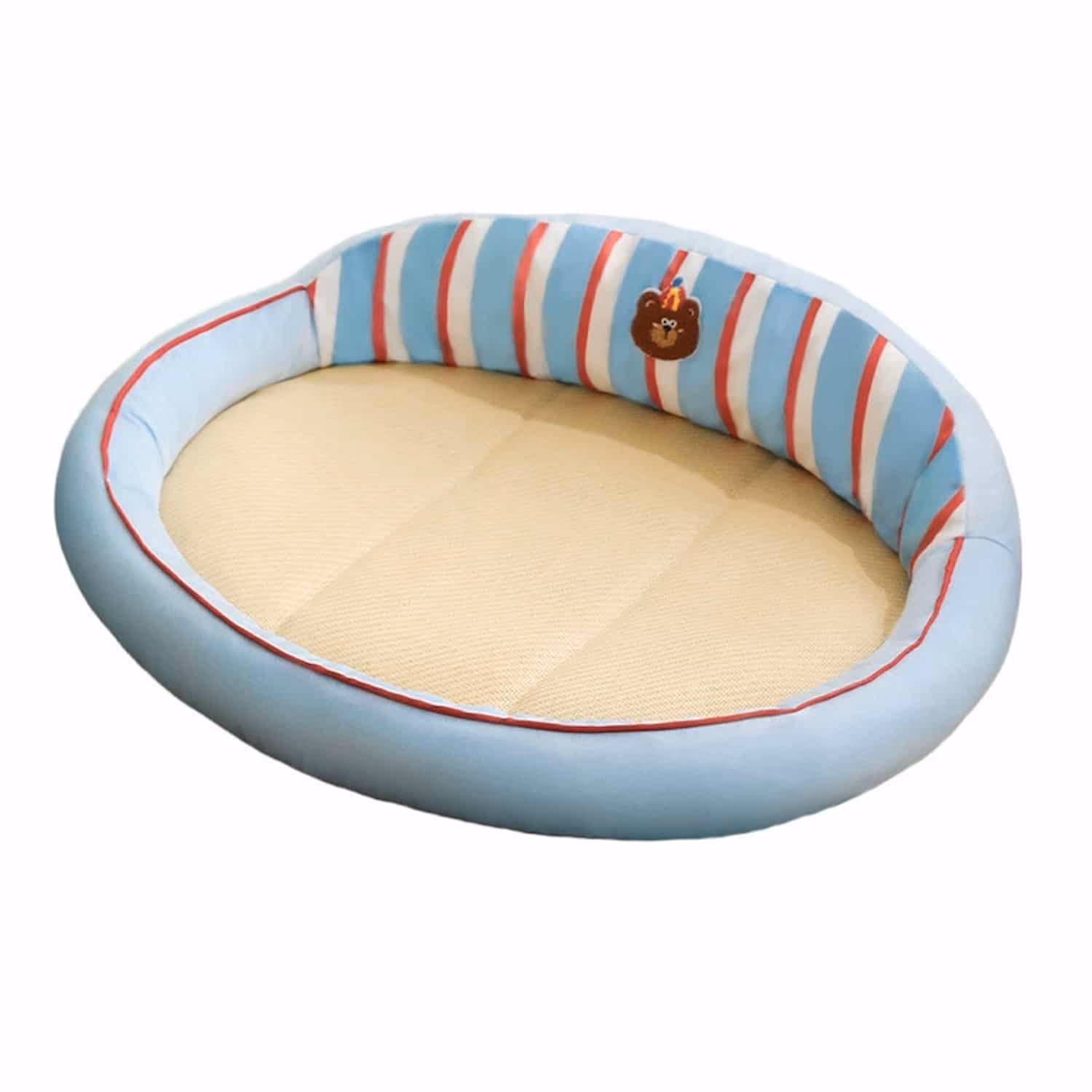 Oval cat cooling bed with natural rattan mat center and raised bolster edges