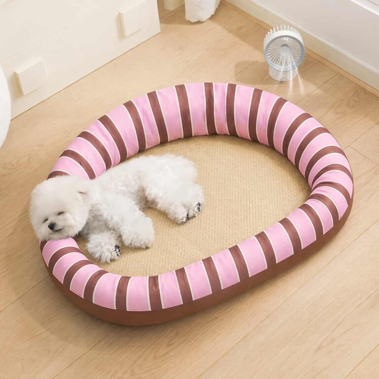 Cat Bed That Cools Without Gel or Water, Rattan Mat Center, Bolster Edges, Striped Pink