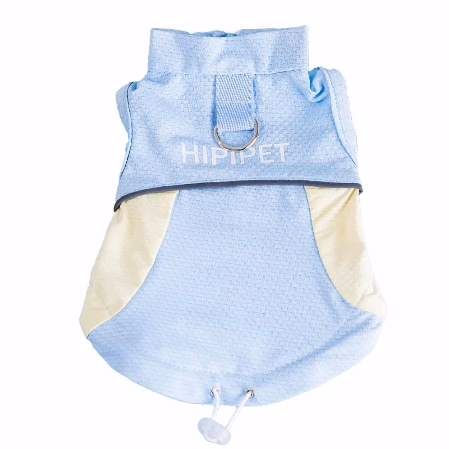 Small dog wearing UPF 50+ sun protection shirt with built-in leash D-ring and reflective trim