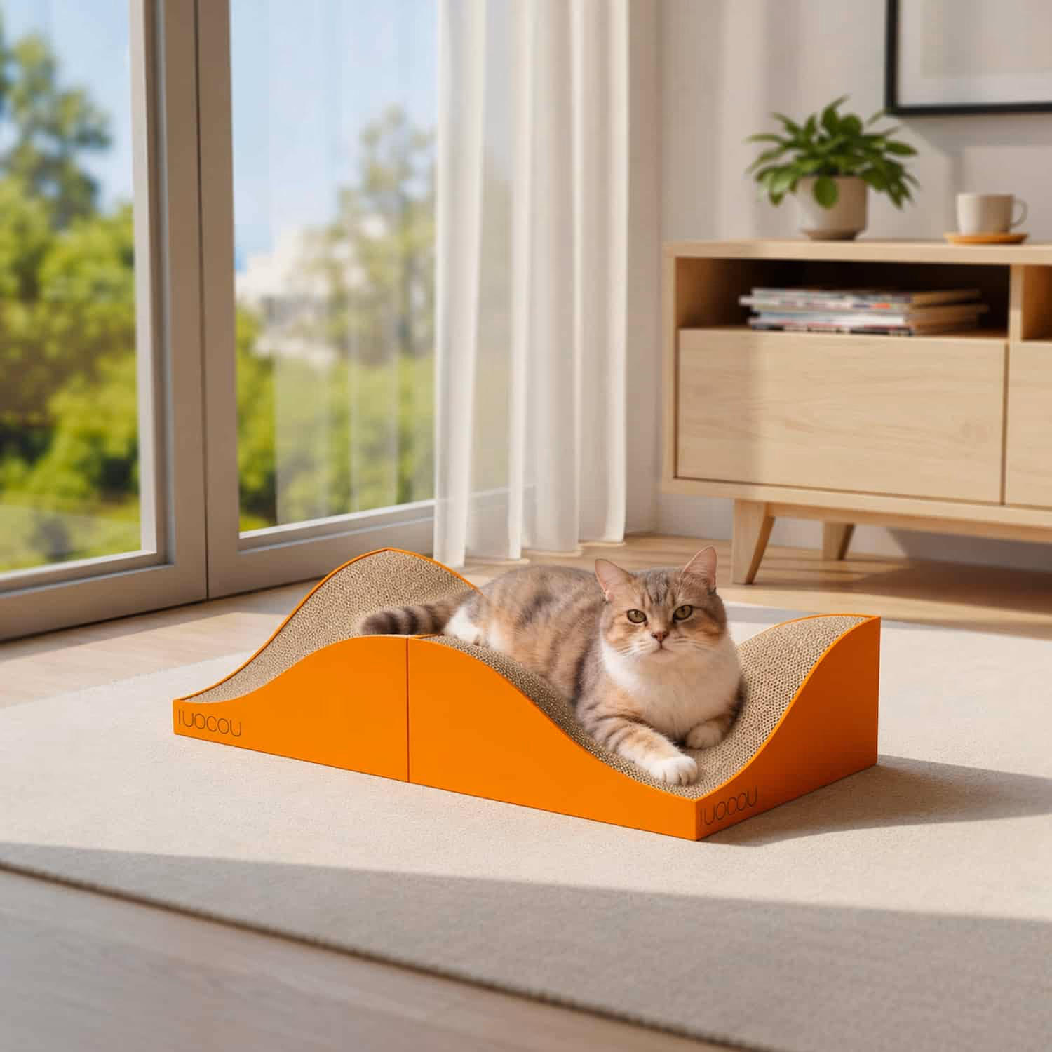Modular wave-shaped cat scratcher bed made of interlocking corrugated cardboard pieces with curved lounging surface