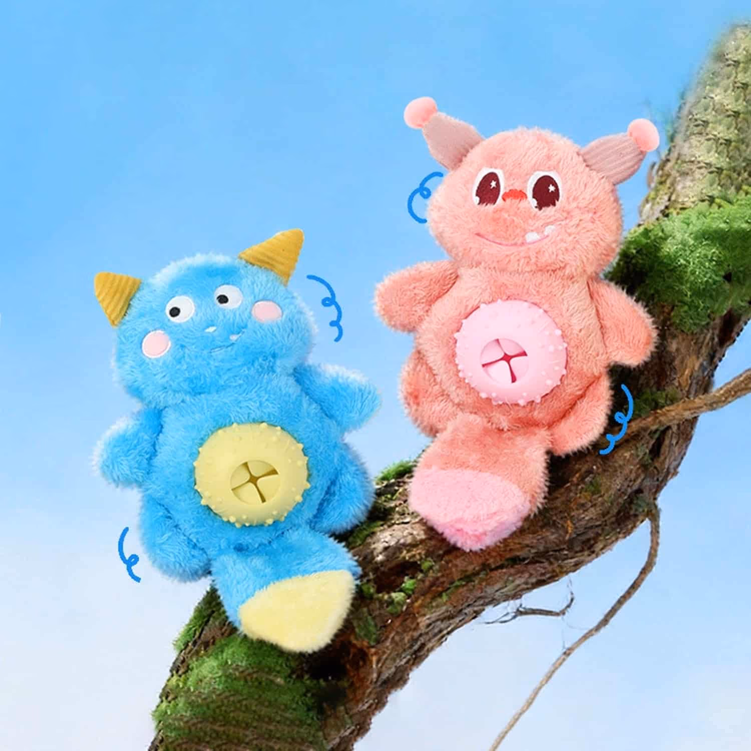 Plush monster dog toy with hidden treat dispenser in belly and built-in squeaker