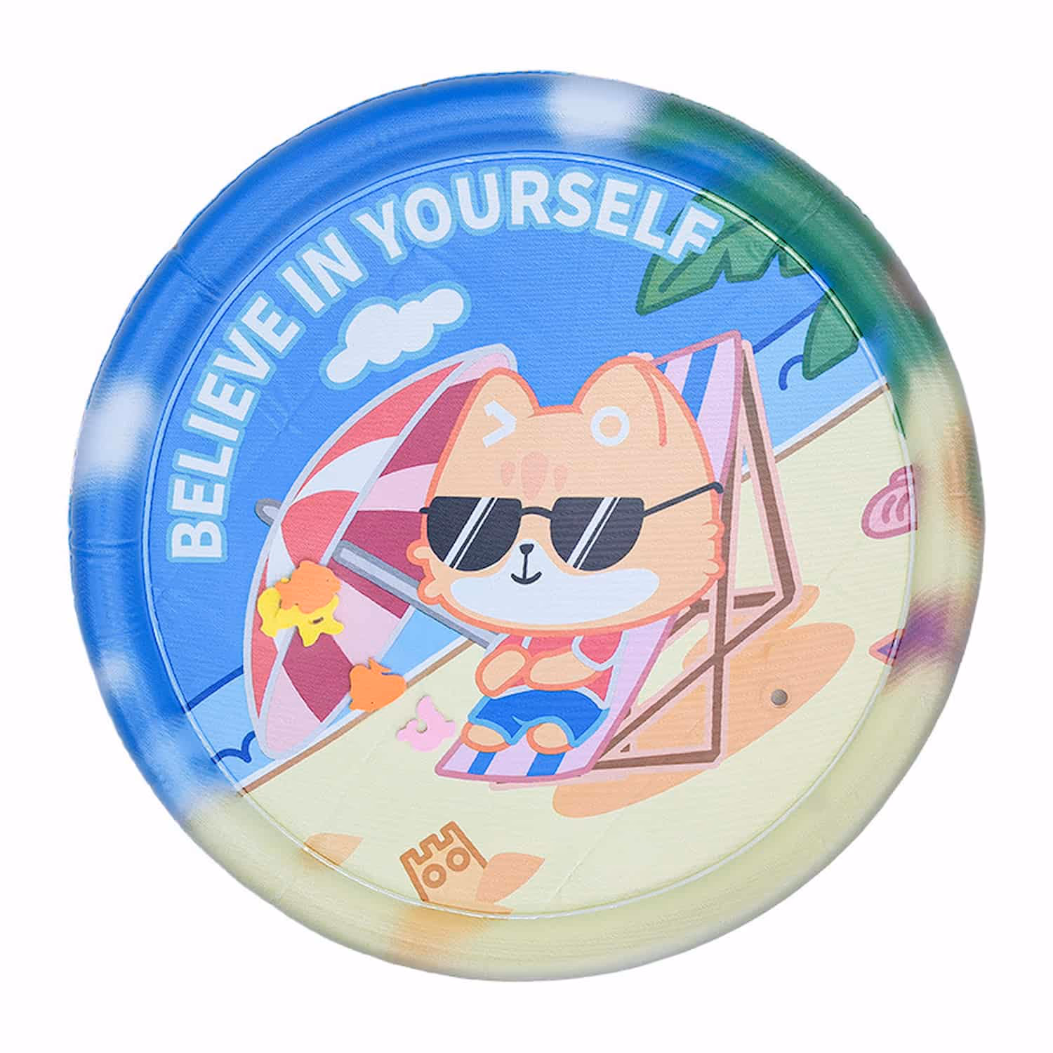 Round inflatable water cooling bed with colorful graphic print and a white cat sitting on the cool water center