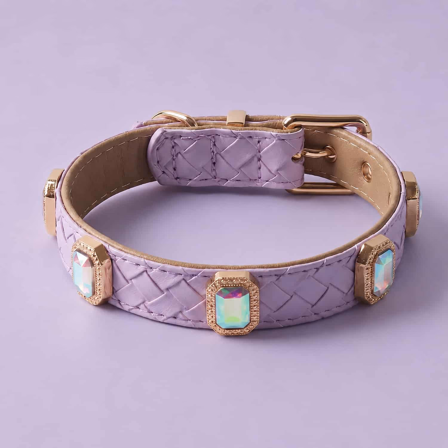 Woven leather pet collar with iridescent rhinestone gems and gold-tone hardware