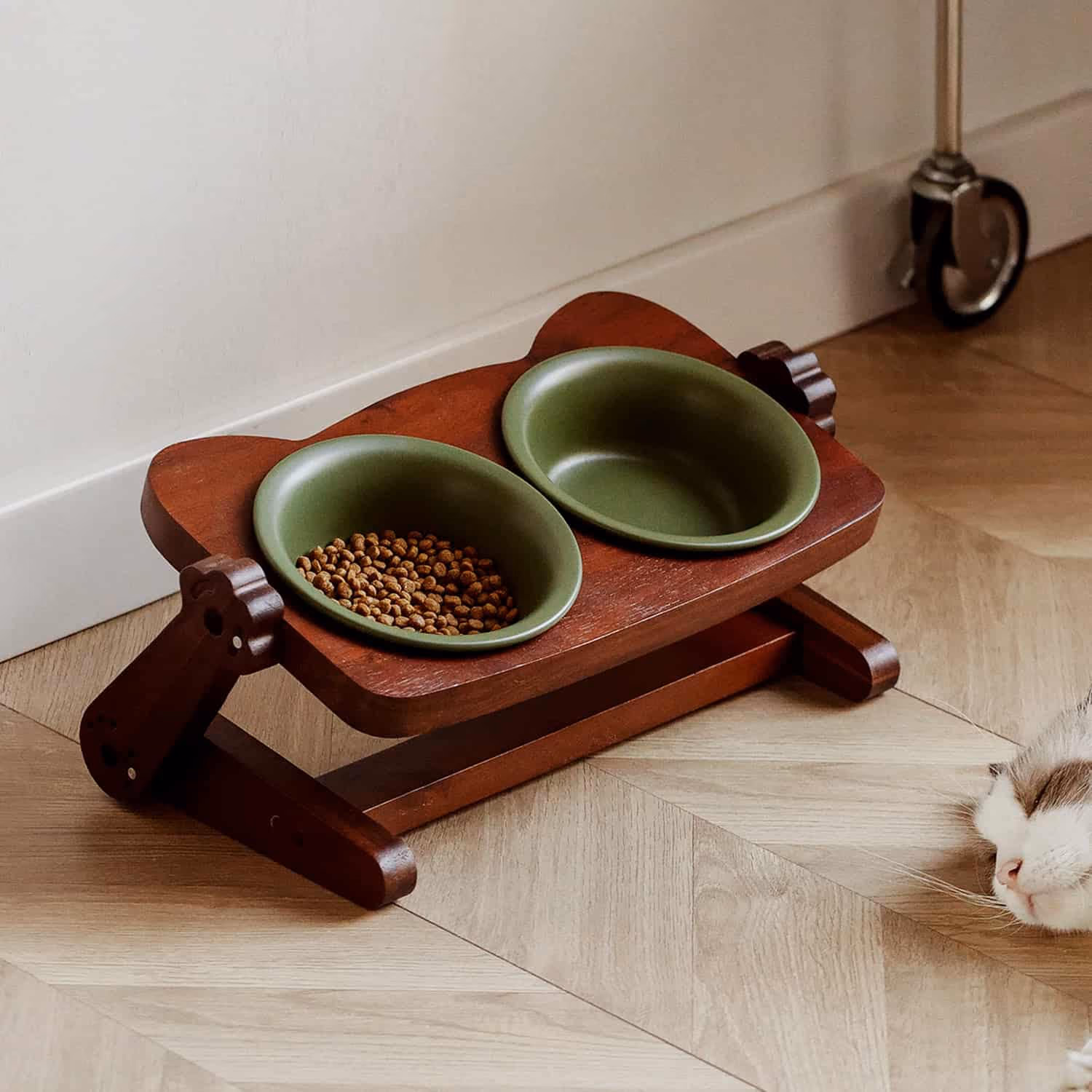 Adjustable acacia wood double ceramic cat feeder stand with two bowls at elevated height