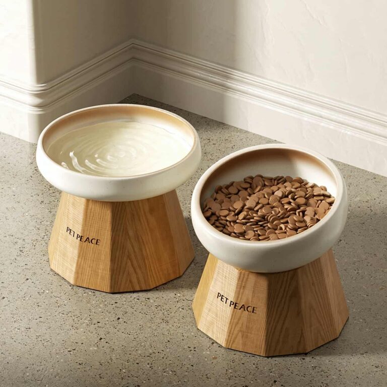 Elevated Ceramic Cat Bowl Set, 15° Tilt, Wax-Oiled Wood, Prevents Acne