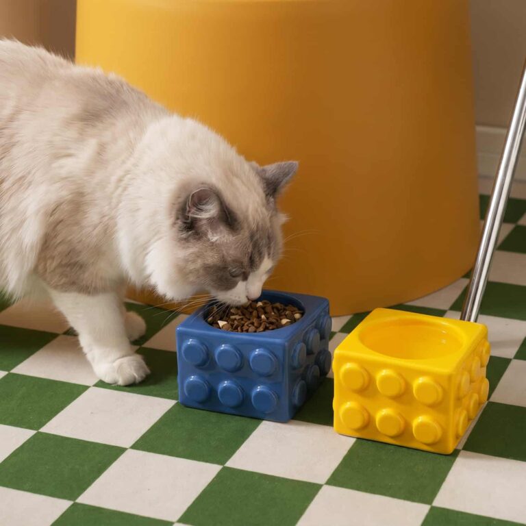 Building Block Ceramic Cat Bowl, 1280°F Fired, Anti-Chin Acne, 12.8 fl oz