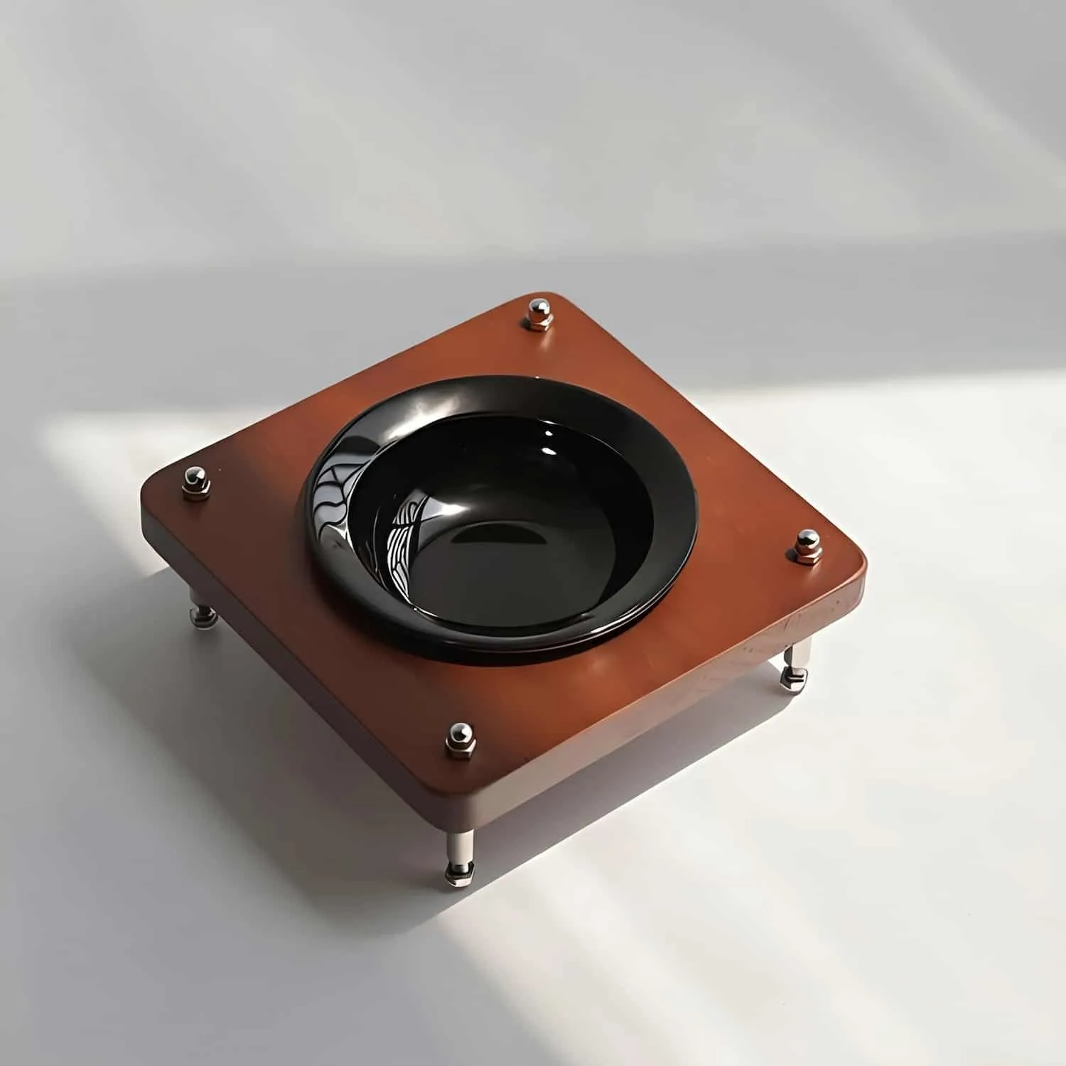 Elevated pet bowl on adjustable height solid wood stand with 304 stainless steel threaded legs and glossy black ceramic bowl