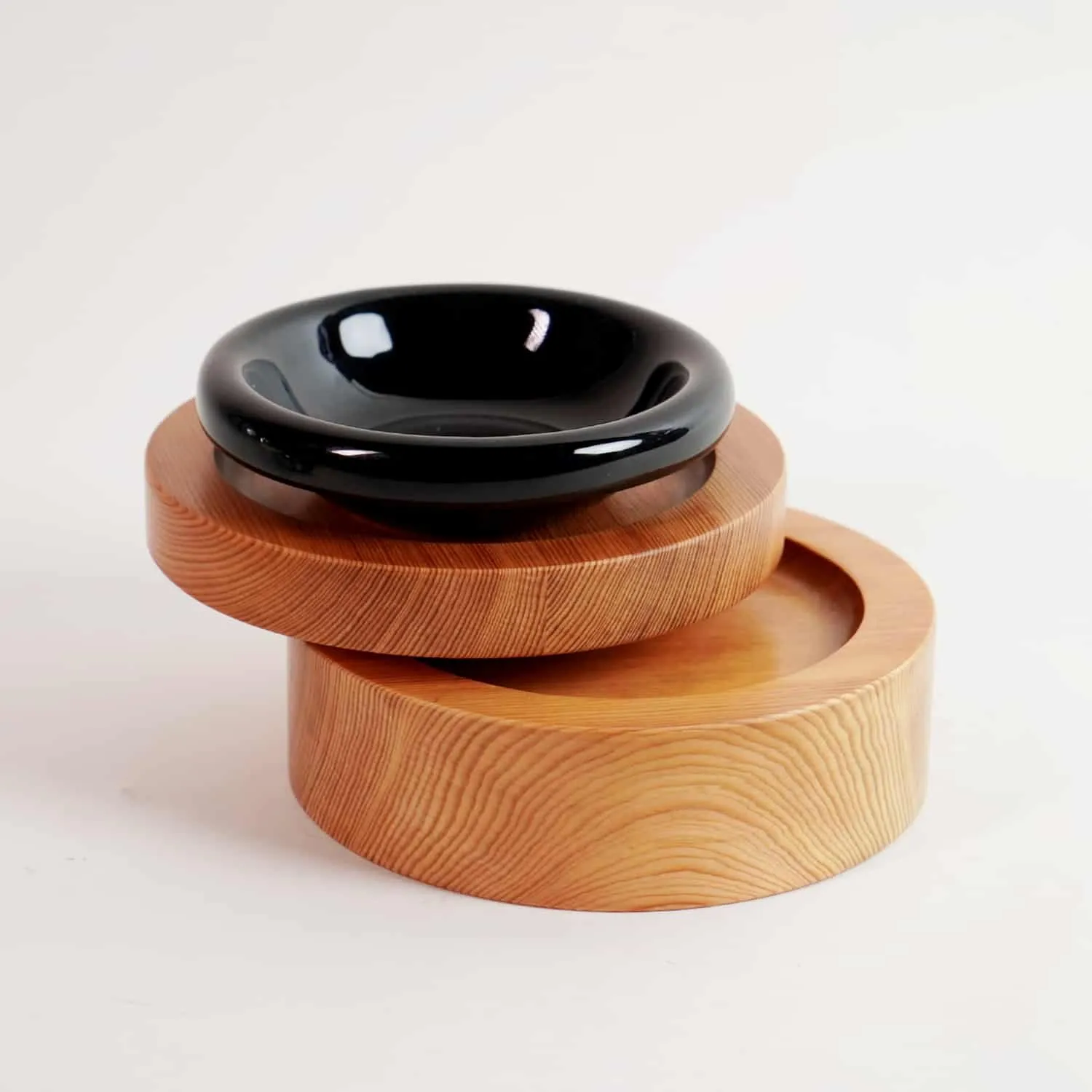 Solid pine wood double-layer elevated cat bowl feeder stand with ceramic bowl