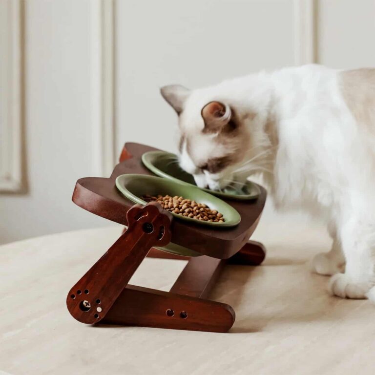 Adjustable Height Ceramic Cat Bowl Stand, Reduces Reflux, Acacia Wood