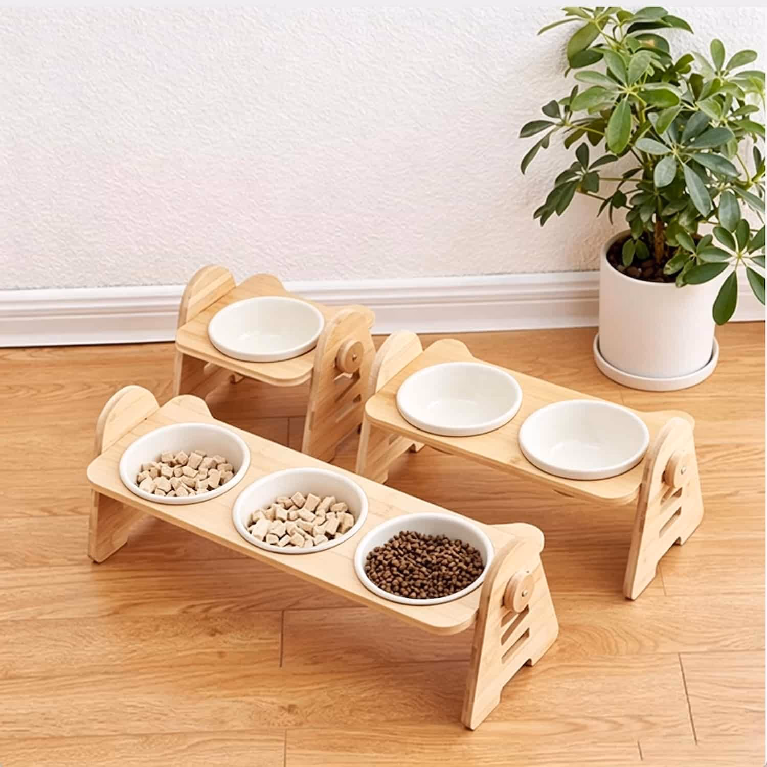 Elevated bamboo cat feeder with tilted ceramic bowls, single double and triple bowl variants