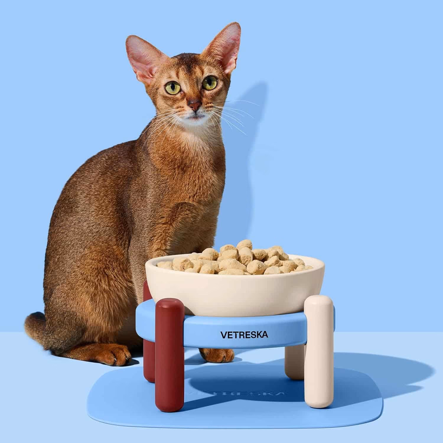VETRESKA ceramic cat bowl on multi-color bamboo stand with silicone mat in Mist Merlot colorway