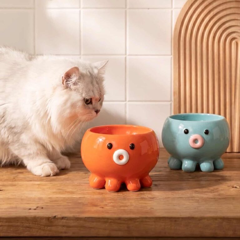 Octopus Ceramic Cat Bowl, Elevated on 8 Legs, Neck-Protecting, 3.9in